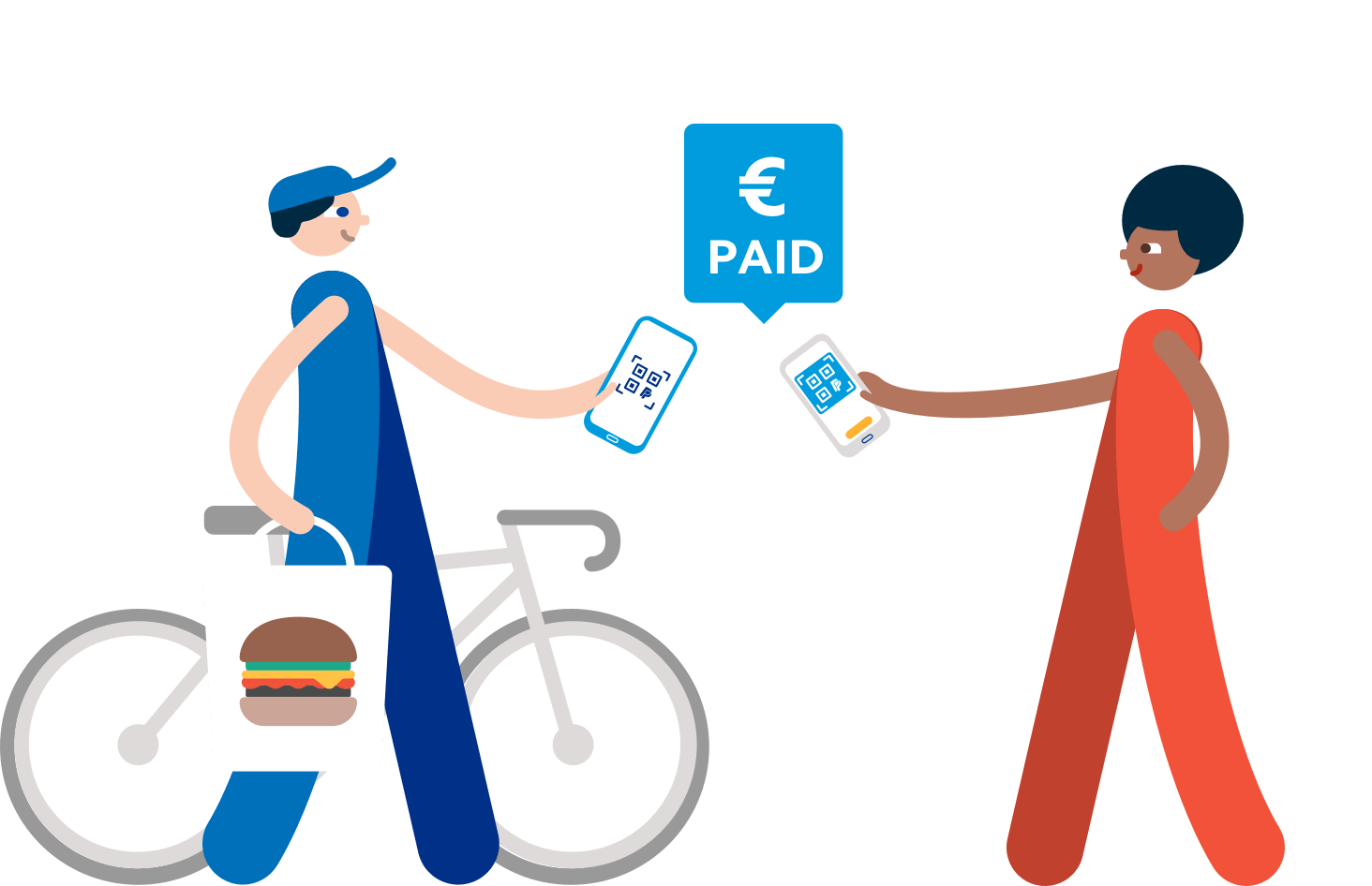 2 people standing next to each other holding a phone and a bicycle.