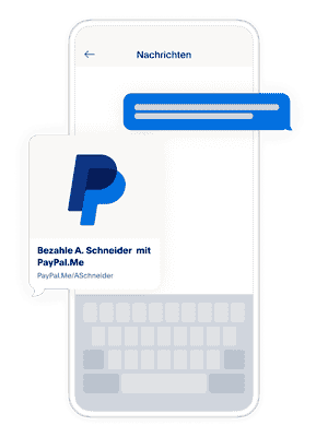 Ein Smartphone-Bildschirm, auf dem ein Nachrichtenverlauf angezeigt wird, eine Kachel, die zeigt, wie dein PayPal.Me-Link aussieht, wenn du ihn teilst.