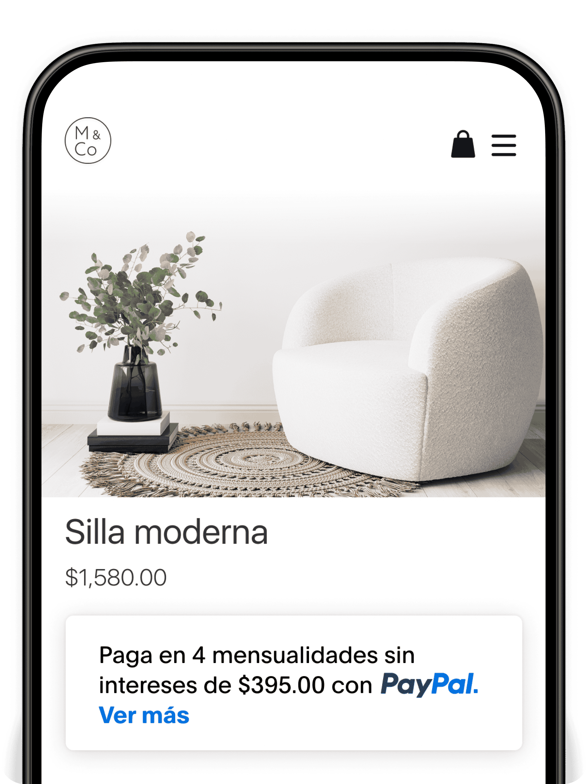 Un anuncio de audífonos con cancelación de ruido con la opción de pagar a meses sin intereses; Un anuncio de una silla moderna con la opción de pagar a meses sin intereses