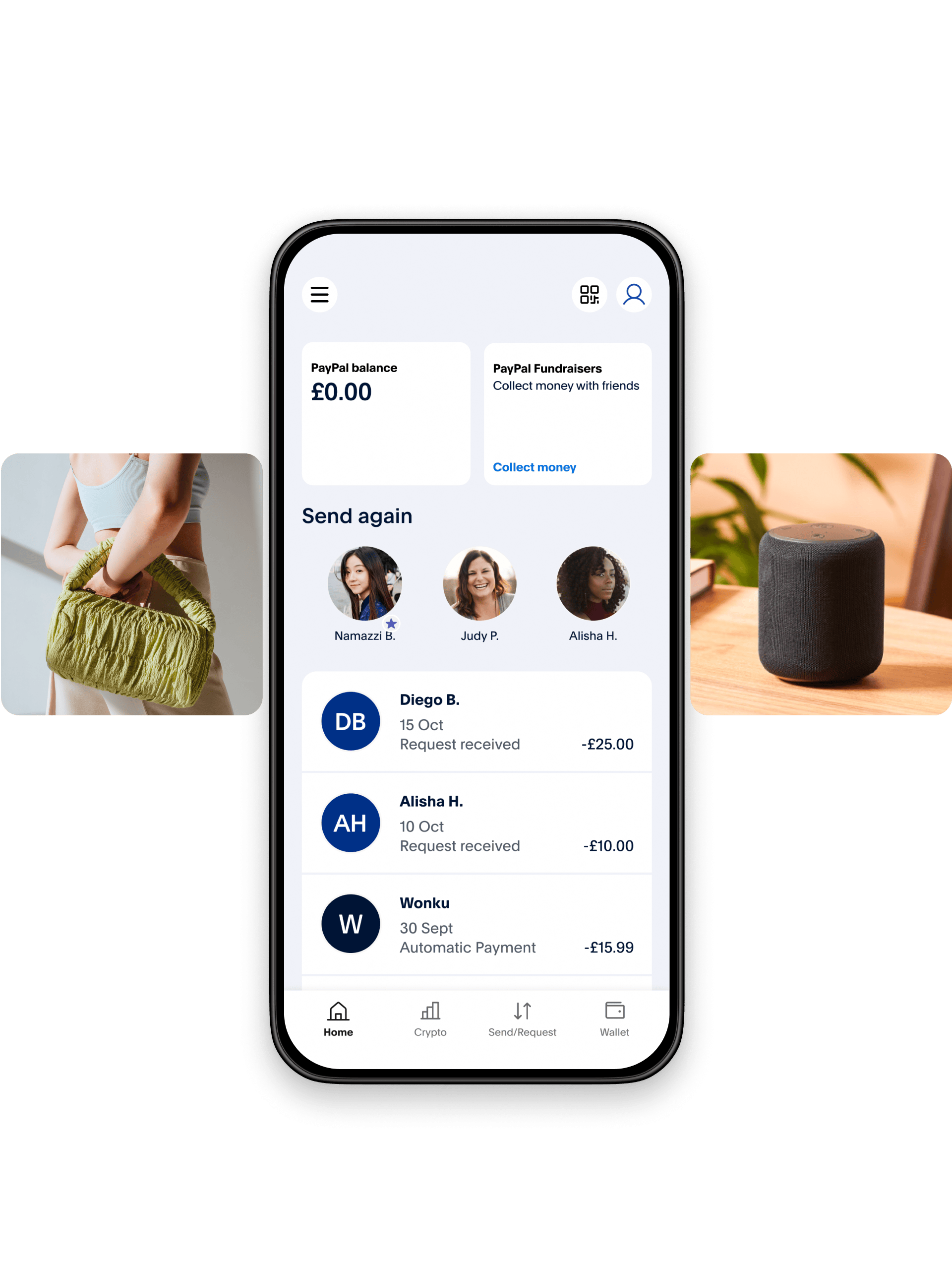 Mobile phone showing PayPal balance with tiles of different items for purchase