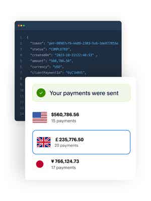  A white tile stating payments have been sent to multiple countries and payment options; a black tile with Hyperwallet coding.