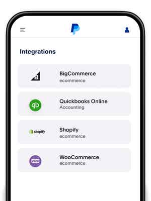 Desktop screen with the PayPal POS app open and Integrations tab selected; 4 integrations listed including Shopify