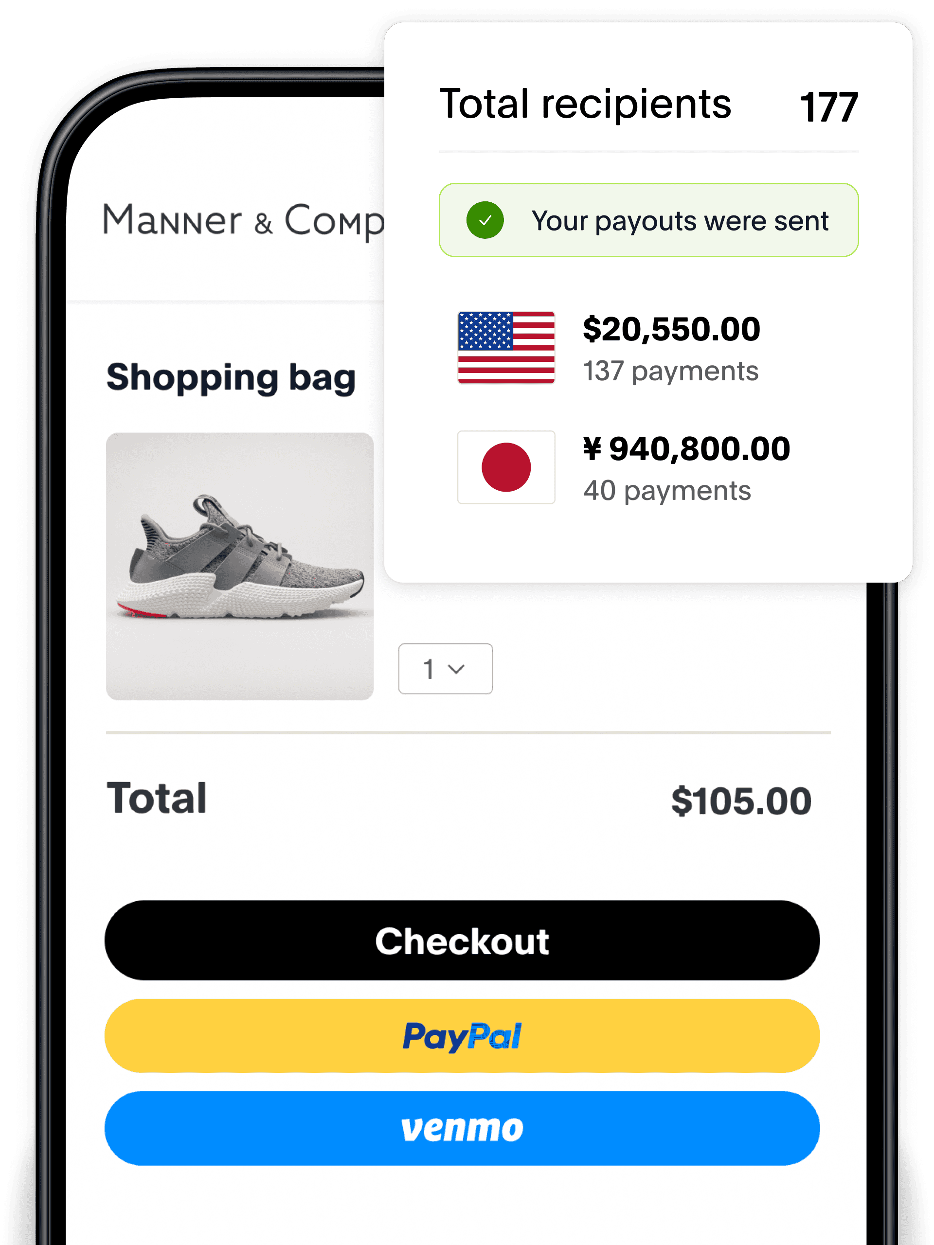 Screen of a listing for women's running shoes at checkout; tile of 177 total recipients with payout options
