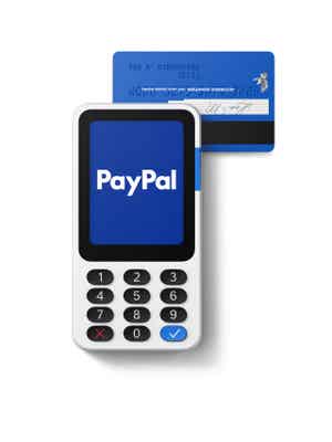 Credit card on top of sleek, matte black PayPal card reader.